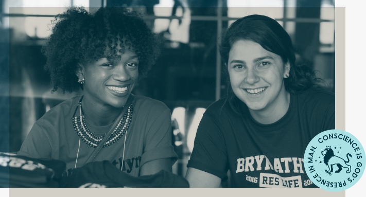 Bryn Athyn College Students smile at the camera, with a BACNC sticker in the corner